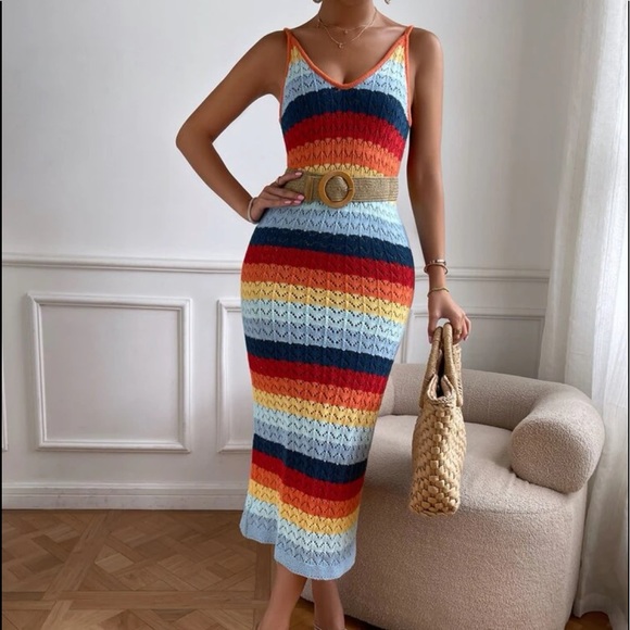 Boho Rainbow Color Block Knit Cami Crochet Maxi Dress WITHOUT BELT - Picture 4 of 9